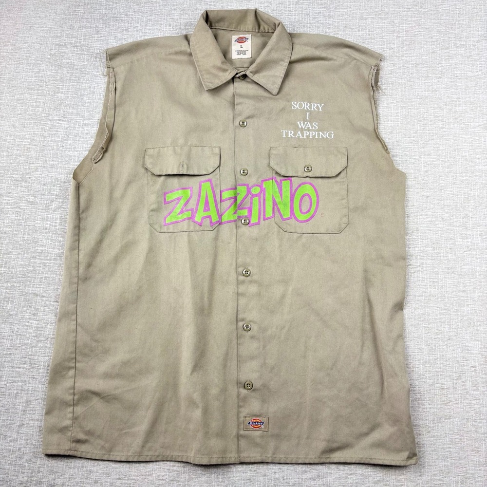 Dickies ZAZINO Mens Large Custom Sleeveless Shirt Khaki Sorry I Was Trapping